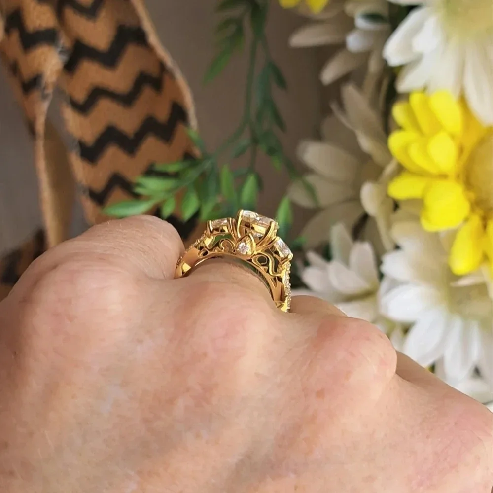 Genuine Moissanite Trilogy Ring In 14k YG Vermeil.